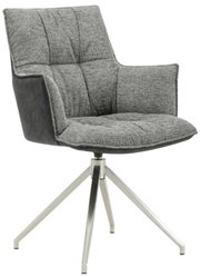 Grauer Sessel mit gepolstertem Sitz und Rückenlehne, auf einem modernen Metallgestell mit vier Beinen, seitliche Perspektive