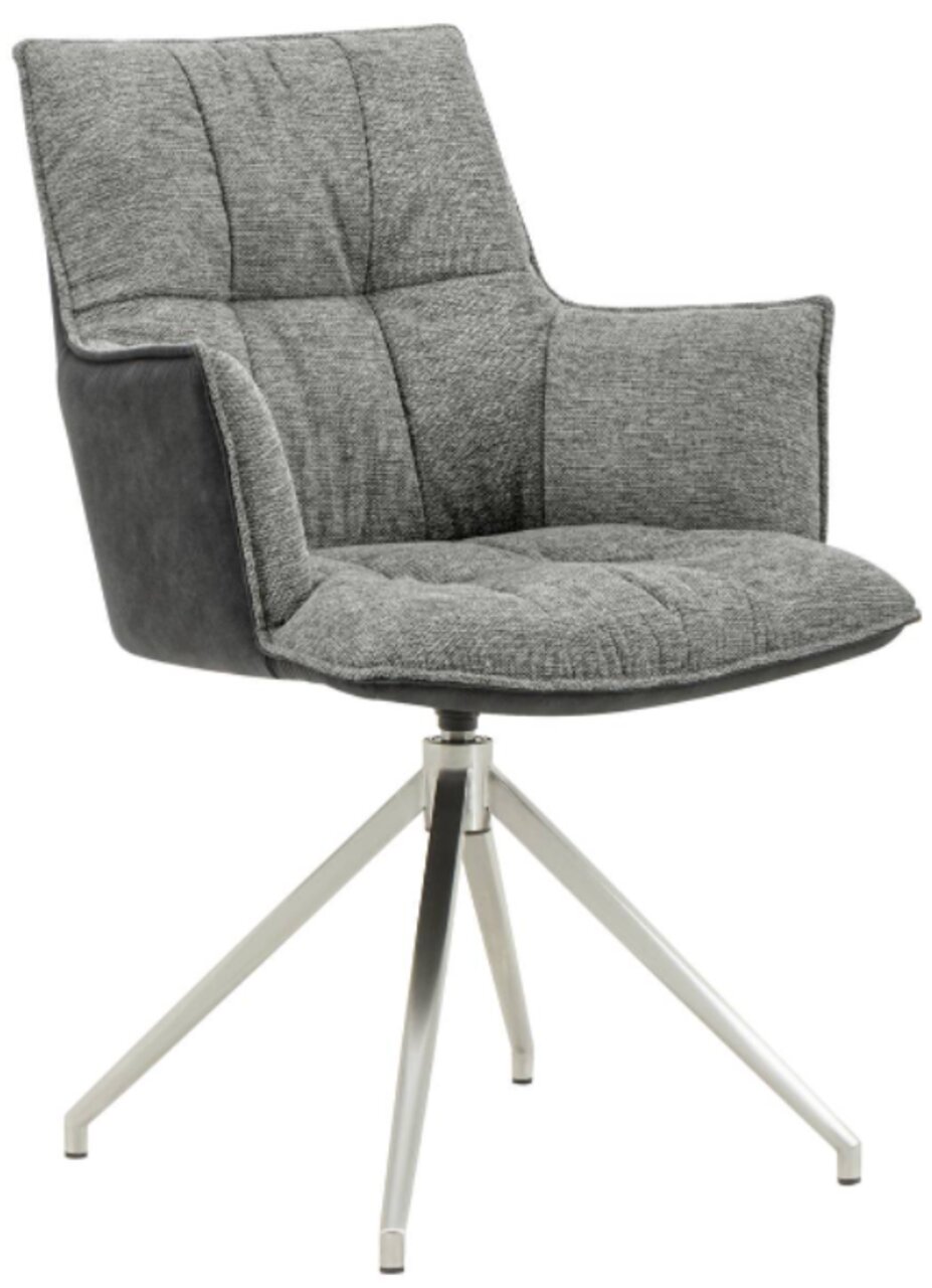 Grauer Sessel mit gepolstertem Sitz und Rückenlehne, auf einem modernen Metallgestell mit vier Beinen, seitliche Perspektive