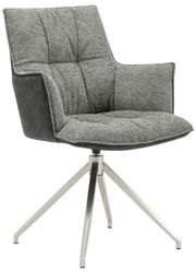 Grauer Sessel mit gepolstertem Sitz und Rückenlehne, auf einem modernen Metallgestell mit vier Beinen, seitliche Perspektive