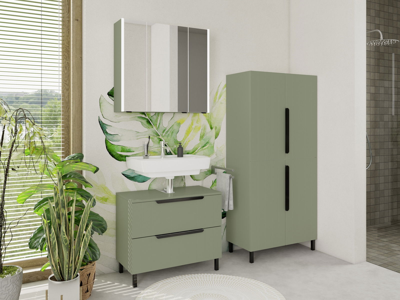 Moderner Waschbeckenunterschrank in einem stilvollen Badezimmer mit grüner Wanddekoration und Pflanzen, aus der Frontalperspektive betrachtet.