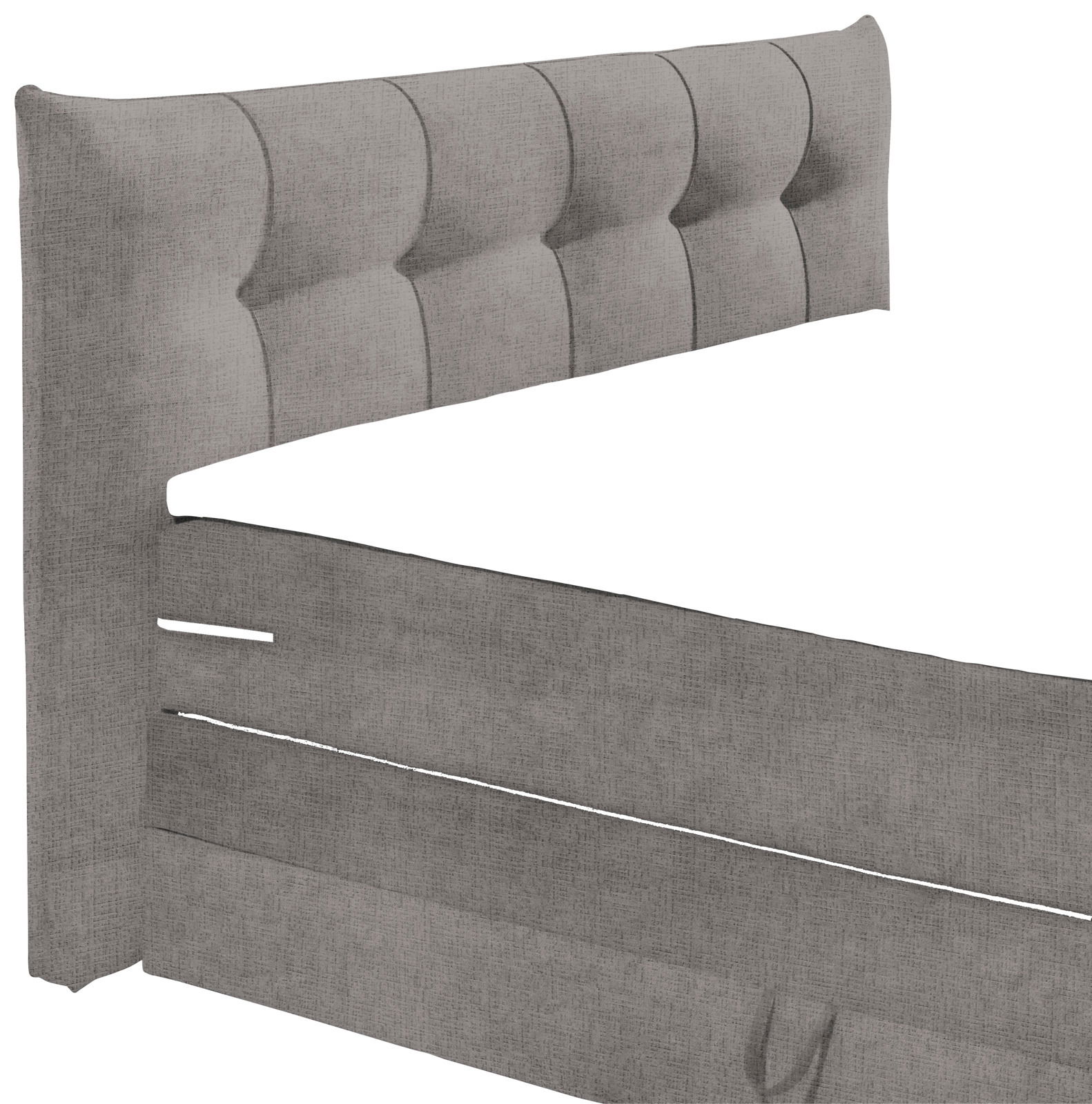 Graues Boxspringbett mit gepolstertem Kopfteil, seitliche Perspektive