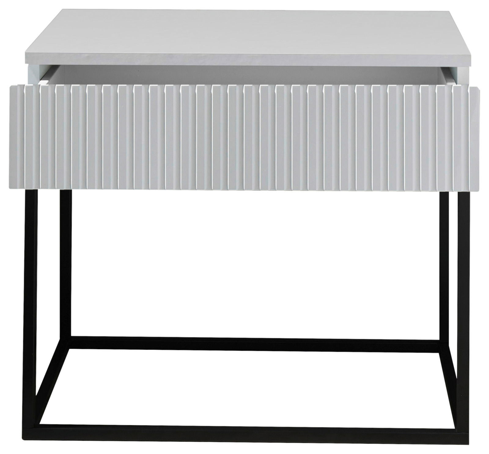 Moderne Nachtkommode mit geriffelter Schubladenfront und schwarzem Metallgestell, Frontalansicht