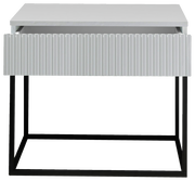 Moderne Nachtkommode mit geriffelter Schubladenfront und schwarzem Metallgestell, Frontalansicht