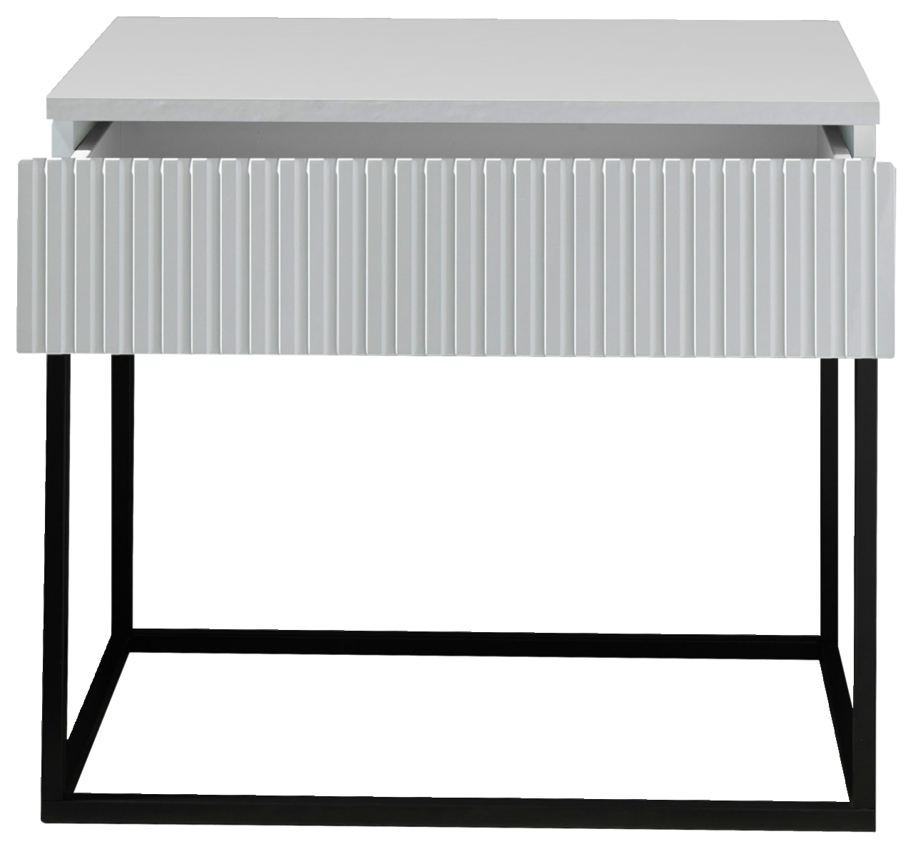 Moderne Nachtkommode mit geriffelter Schubladenfront und schwarzem Metallgestell, Frontalansicht