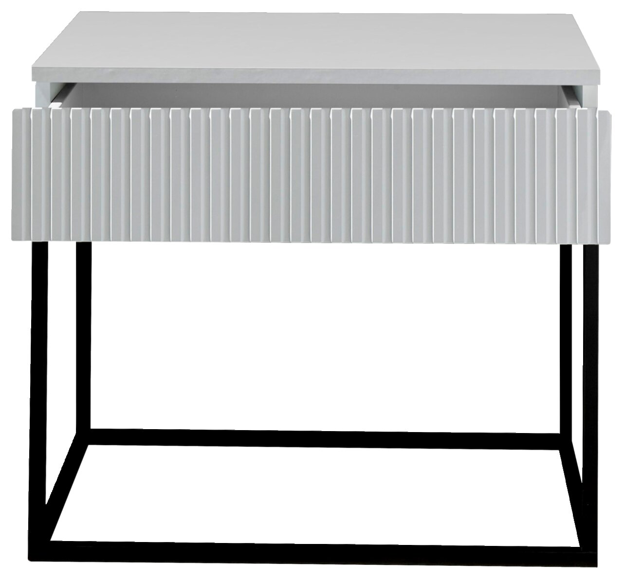 Moderne Nachtkommode mit geriffelter Schubladenfront und schwarzem Metallgestell, Frontalansicht