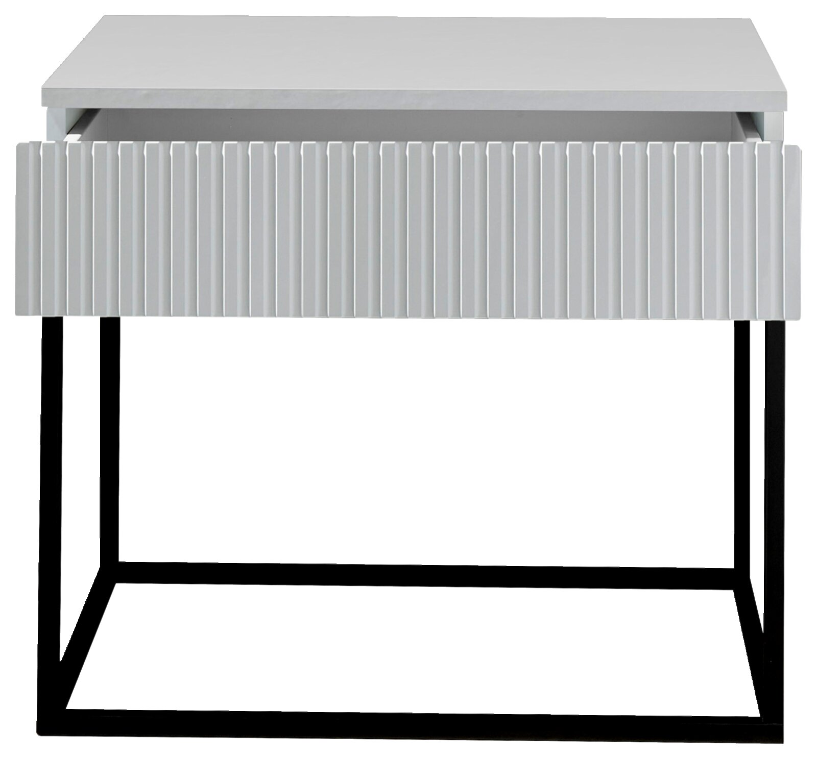 Moderne Nachtkommode mit geriffelter Schubladenfront und schwarzem Metallgestell, Frontalansicht
