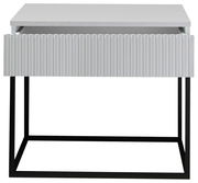 Moderne Nachtkommode mit geriffelter Schubladenfront und schwarzem Metallgestell, Frontalansicht