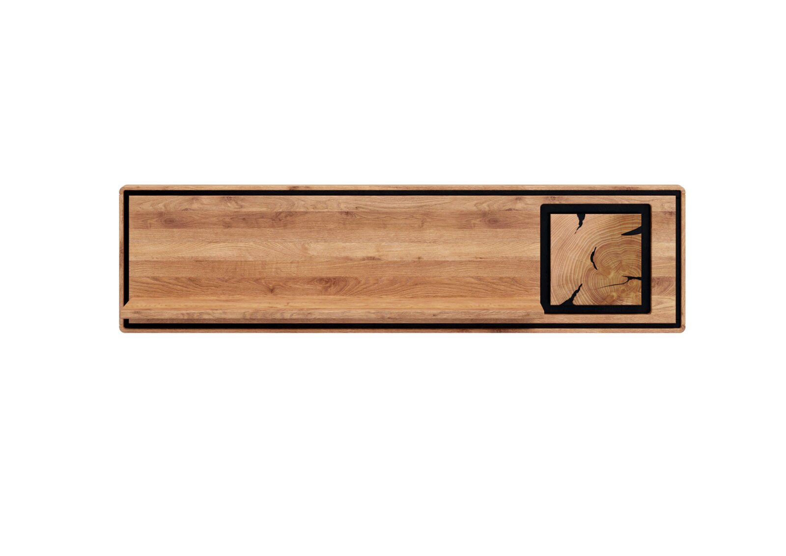 Langes rechteckiges Sideboard/Lowboard aus hellem Holz mit schwarzem Rahmen und quadratischem Akzent rechts, frontale Ansicht vor weißem Hintergrund
