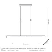 Technische Zeichnung einer LED-Pendelleuchte mit rechteckigem Design, von vorne betrachtet. Die Leuchte ist höhenverstellbar und hat eine Breite von 116 cm, eine Höhe von 150 cm und eine Tiefe von 6 cm.