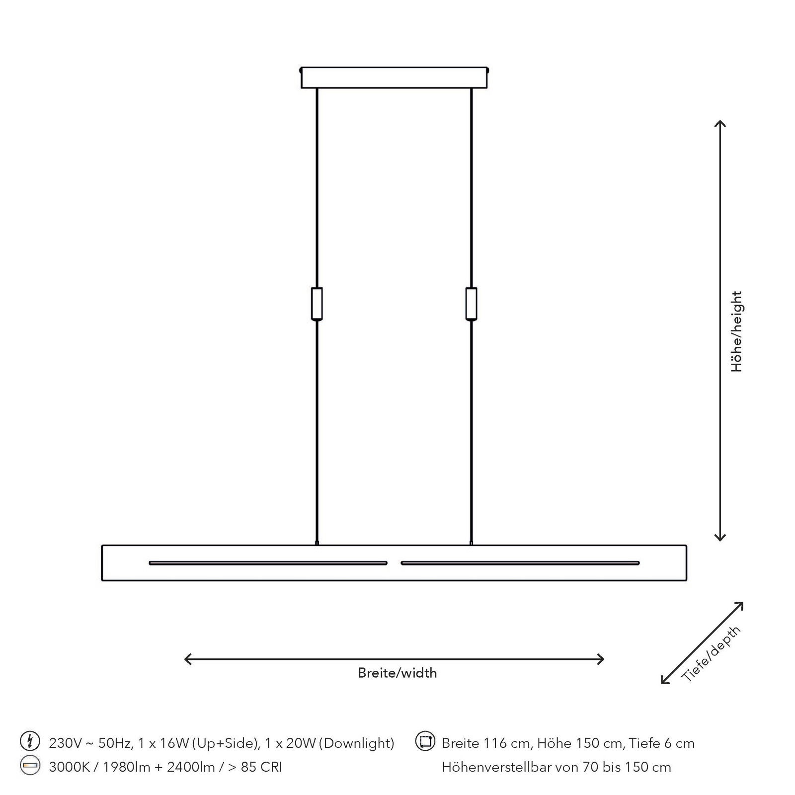 Technische Zeichnung einer LED-Pendelleuchte mit rechteckigem Design, von vorne betrachtet. Die Leuchte ist höhenverstellbar und hat eine Breite von 116 cm, eine Höhe von 150 cm und eine Tiefe von 6 cm.