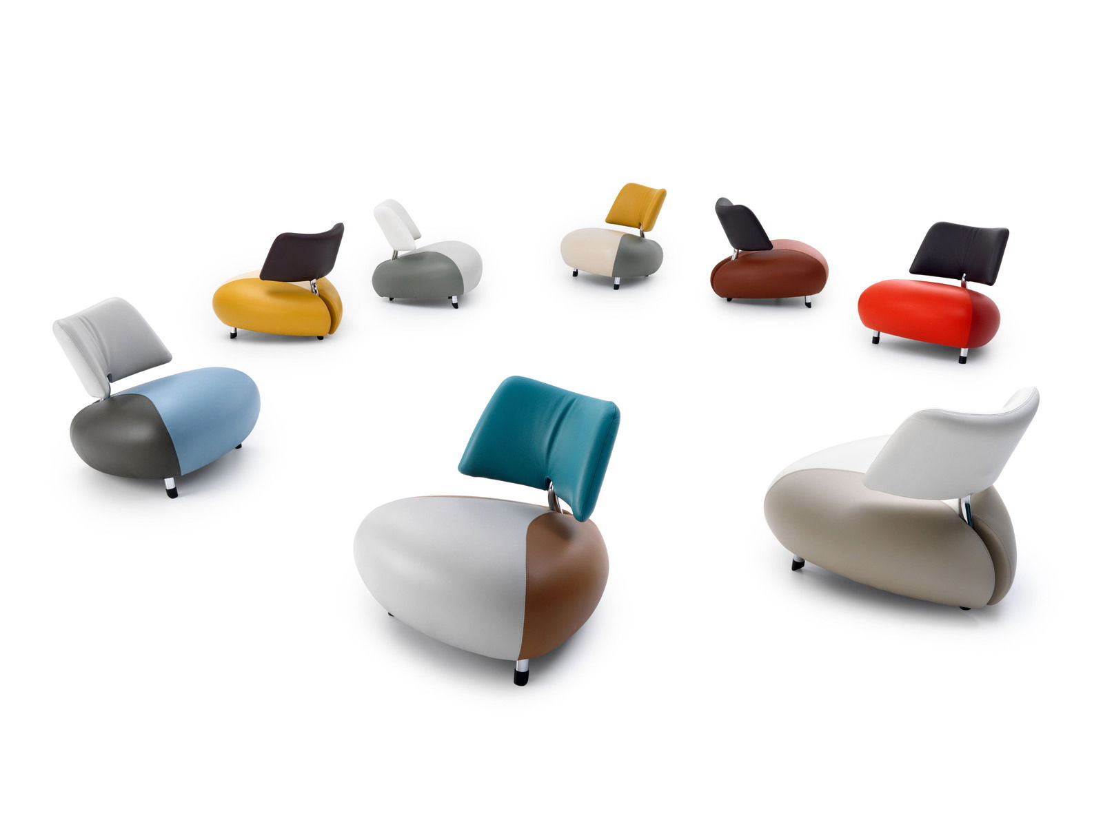 Verschiedene Leolux Sessel PALLONE in bunten Farben aus der Vogelperspektive.
