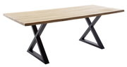 Moderner Esstisch aus Holz mit X-förmigen Metallbeinen, seitliche Perspektive