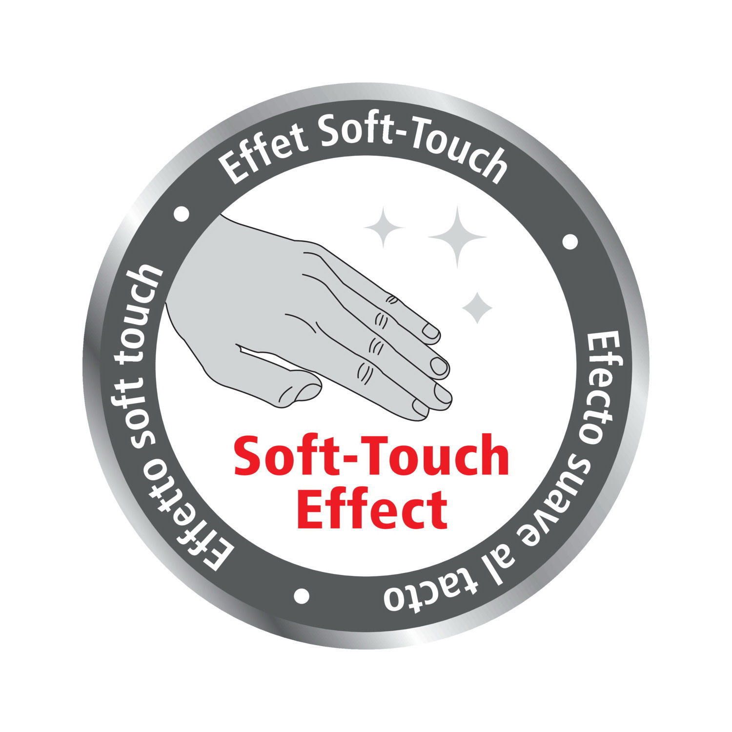 Rundes Emblem mit der Aufschrift 'Soft-Touch Effect' und einer Hand, die eine weiche Berührung symbolisiert, aus der Vogelperspektive.