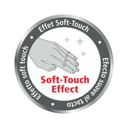 Rundes Emblem mit der Aufschrift 'Soft-Touch Effect' und einer Hand, die eine weiche Berührung symbolisiert, aus der Vogelperspektive.