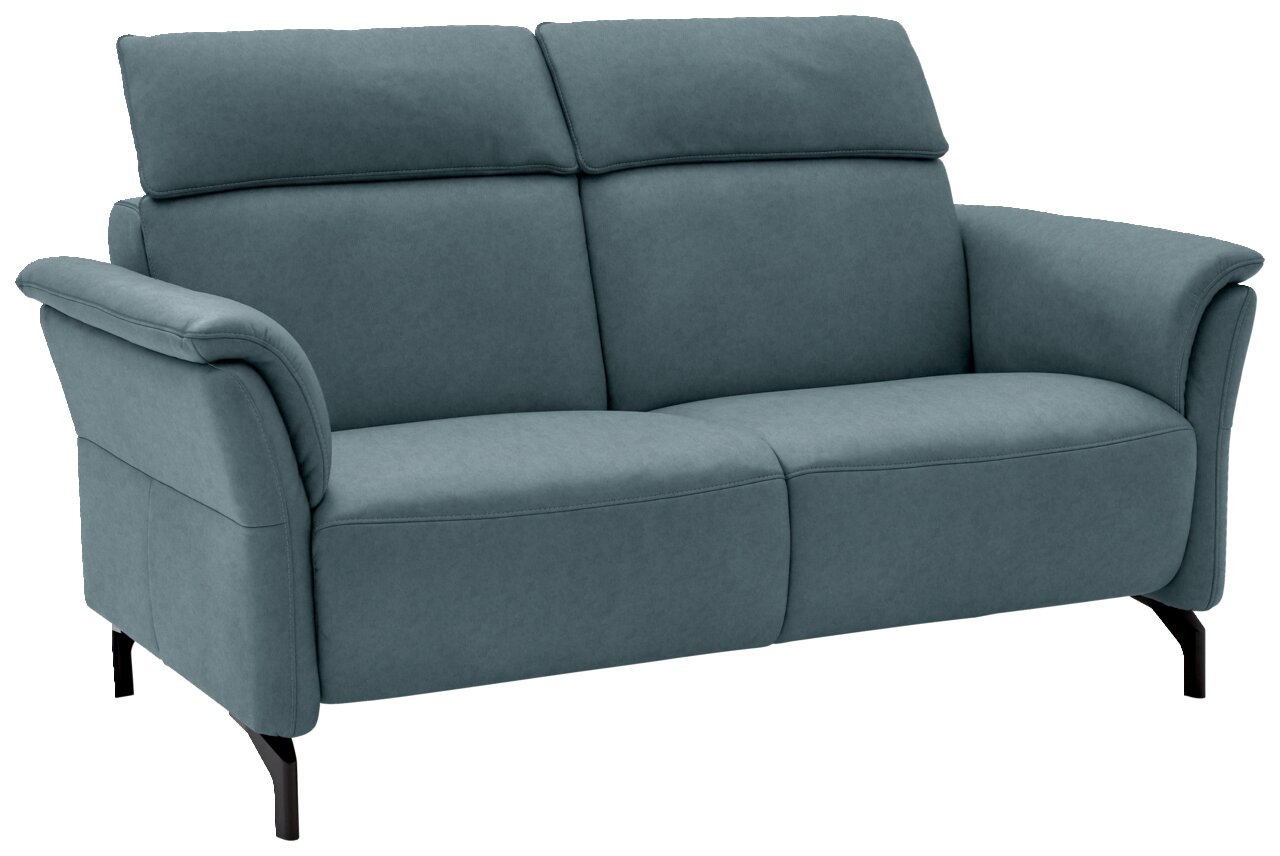 Zweiersofa in blauem Stoffbezug, seitliche Perspektive
