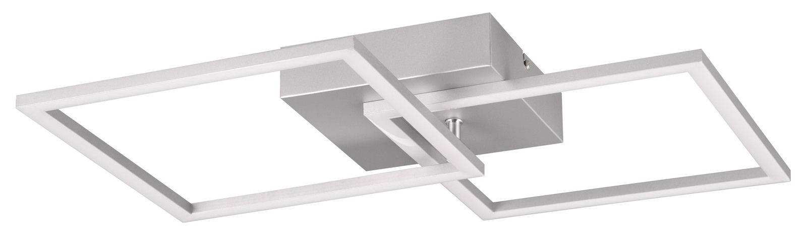 Moderne Deckenleuchte Trail mit zwei quadratischen Rahmen in silberner Farbe, seitliche Perspektive.