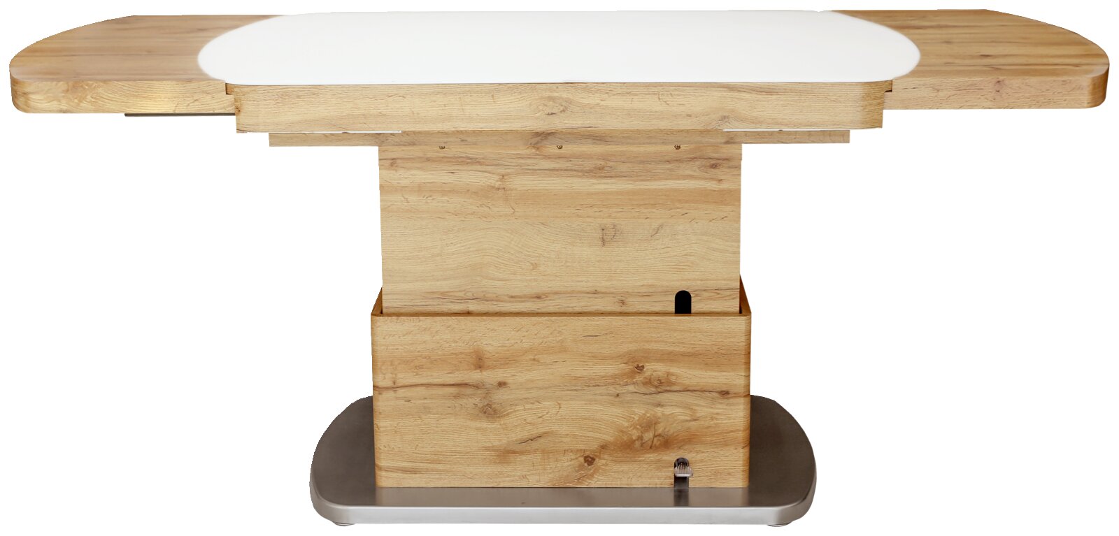 Moderner Couchtisch aus Holz mit ausziehbarer Tischplatte, seitliche Perspektive