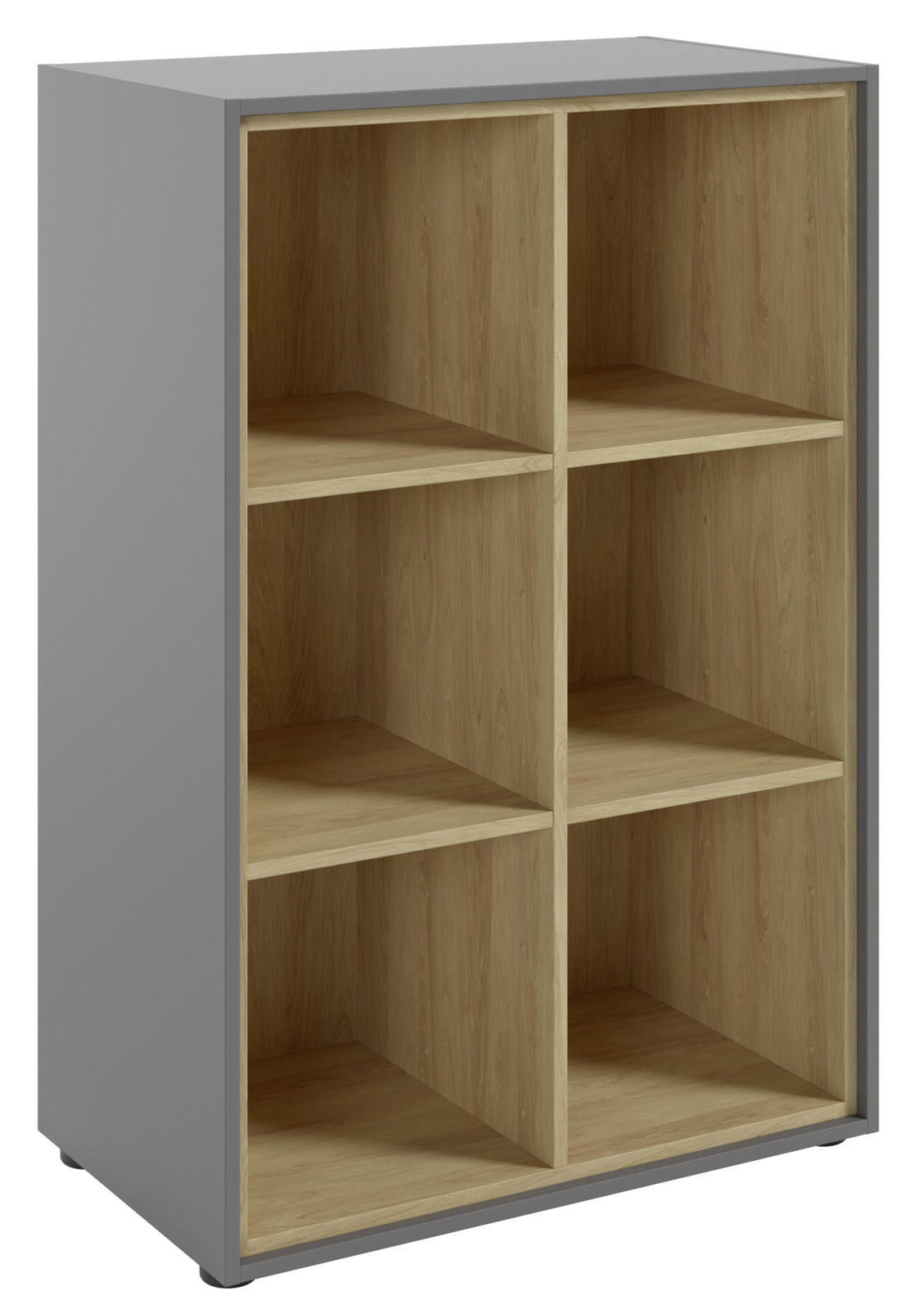 Aktenregal Novel COLORADO mit sechs offenen Fächern, grauer Rahmen und Holzoptik, seitliche Perspektive
