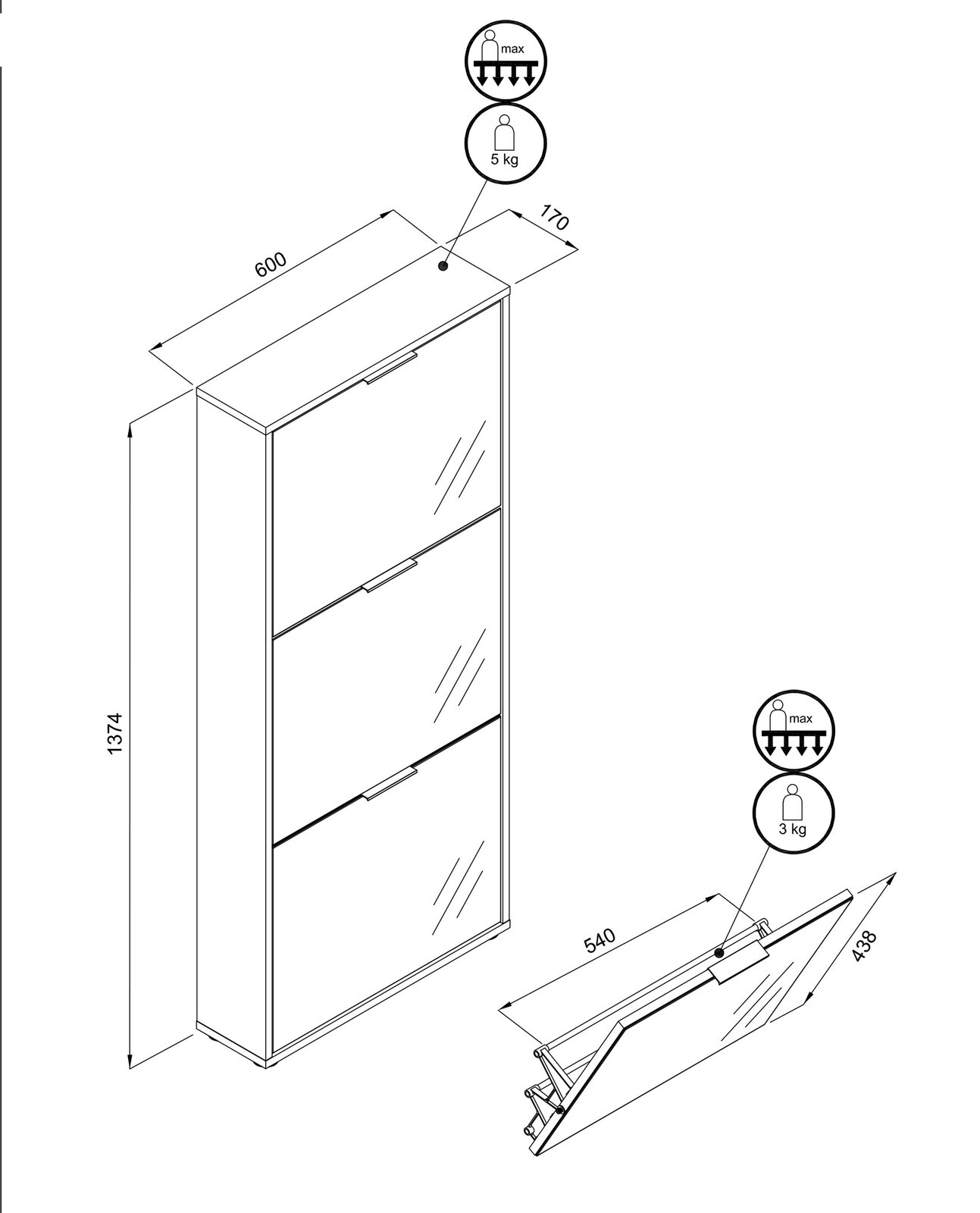 Technische Zeichnung eines schmalen Schuhschranks mit drei Klappfächern, Maße ca. 1374 x 600 x 170 mm, Klappe 540 x 438 mm, Belastbarkeit 5 kg oben und 3 kg je Klappe, Perspektive: isometrische Schrägansicht von vorne/oben.