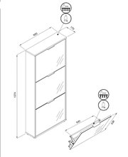 Technische tekening van een smalle schoenenkast met drie klapdeuren, afmetingen ca. 1374 x 600 x 170 mm, klapdeur 540 x 438 mm, draagvermogen 5 kg boven en 3 kg per klapdeur, perspectief: isometrisch schuin aanzicht van voren/boven.