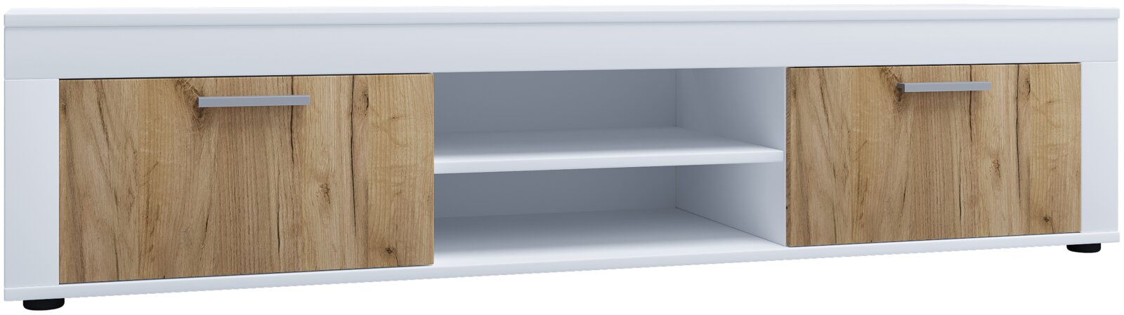 VCM Lowboard USILO TV-Lowboard in Weiß mit zwei Holzoptik-Türen, mittigem offenen Regal und silbernen Griffen, Frontansicht