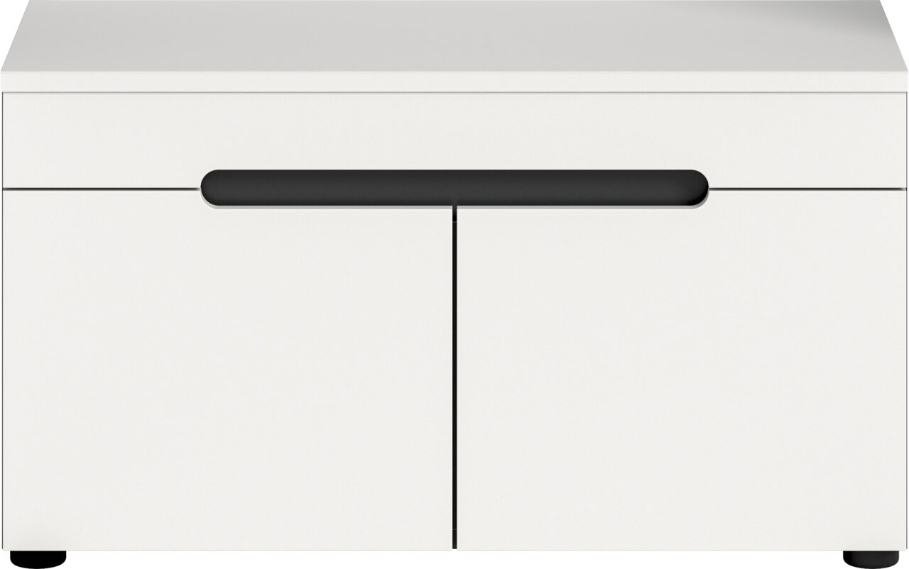 Weißer, minimalistischer Unterschrank mit zwei Türen und langem schwarzen Griff, Frontansicht
