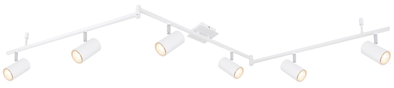 Moderne witte plafondspot met zes verstelbare lampen, zijaanzicht