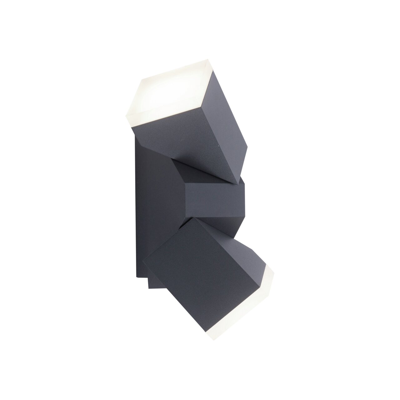 Moderne antracietkleurige wand- en plafondlamp met een geometrisch ontwerp, gezien vanaf de zijkant.