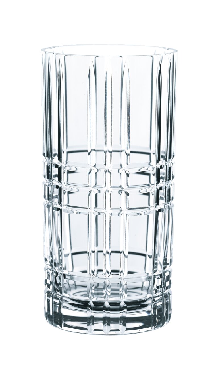 Klares Longdrinkglas mit geometrischem Muster, seitliche Perspektive