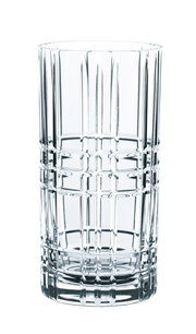 Klares Longdrinkglas mit geometrischem Muster, seitliche Perspektive