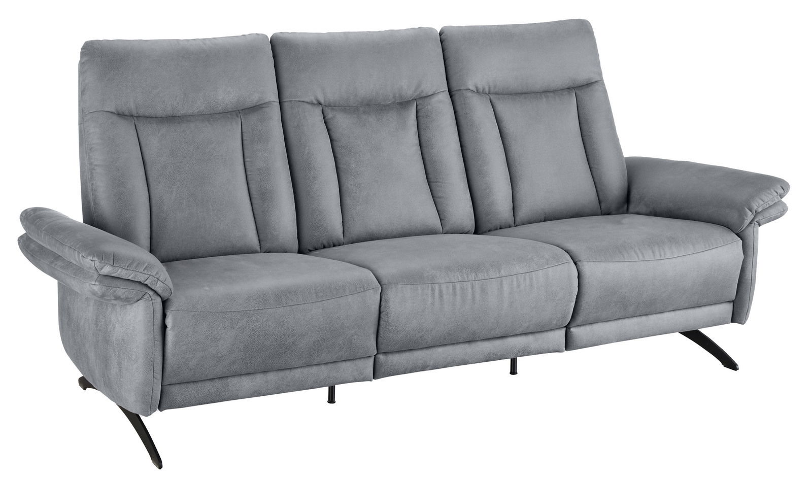Graues dreisitziges Sofa mit gepolsterten Armlehnen und Rückenlehnen, seitliche Perspektive