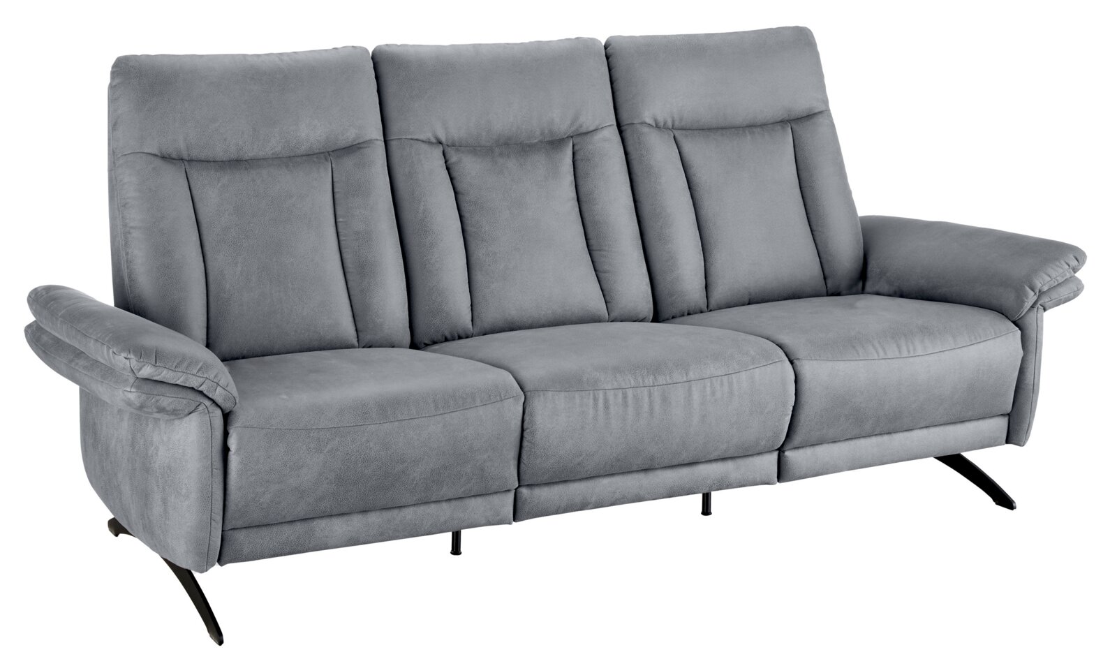 Graues dreisitziges Sofa mit gepolsterten Armlehnen und Rückenlehnen, seitliche Perspektive
