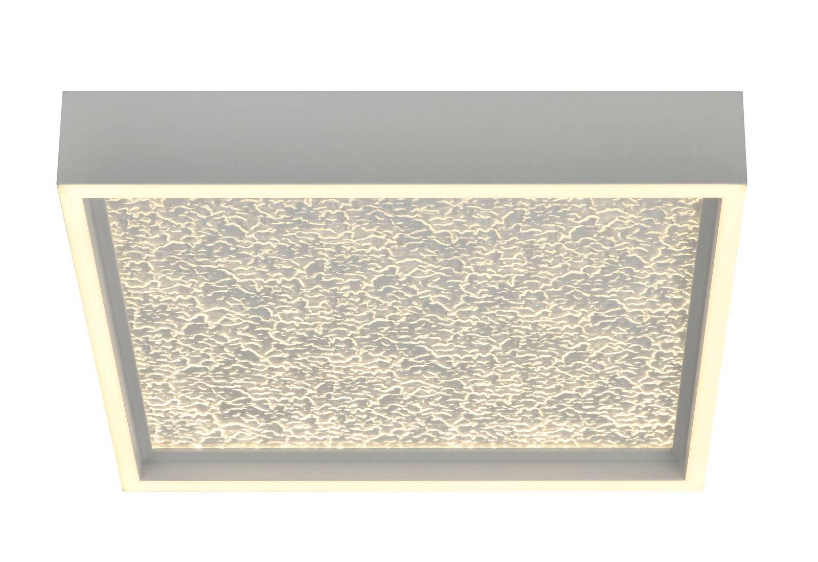 Quadratische LED-Deckenleuchte mit strukturiertem Leuchtfeld, seitliche Perspektive