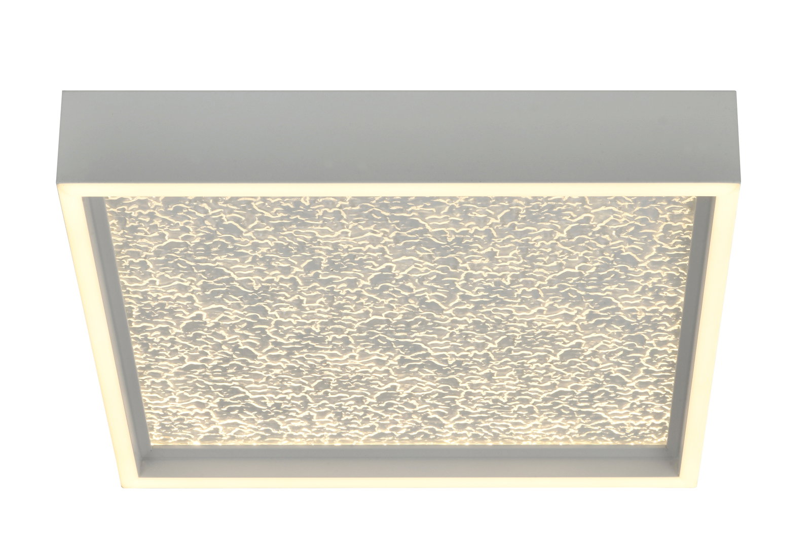Quadratische LED-Deckenleuchte mit strukturiertem Leuchtfeld, seitliche Perspektive