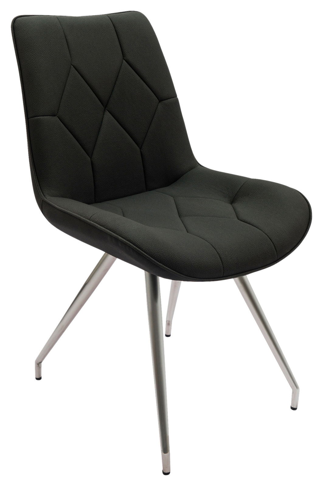Moderner schwarzer Stuhl mit gepolsterter Sitzfläche und Rückenlehne, sowie Metallbeinen, seitliche Perspektive