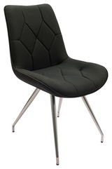 Moderner schwarzer Stuhl mit gepolsterter Sitzfläche und Rückenlehne, sowie Metallbeinen, seitliche Perspektive