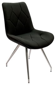 Moderner schwarzer Stuhl mit gepolsterter Sitzfläche und Rückenlehne, sowie Metallbeinen, seitliche Perspektive