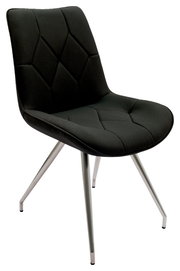 Moderner schwarzer Stuhl mit gepolsterter Sitzfläche und Rückenlehne, sowie Metallbeinen, seitliche Perspektive