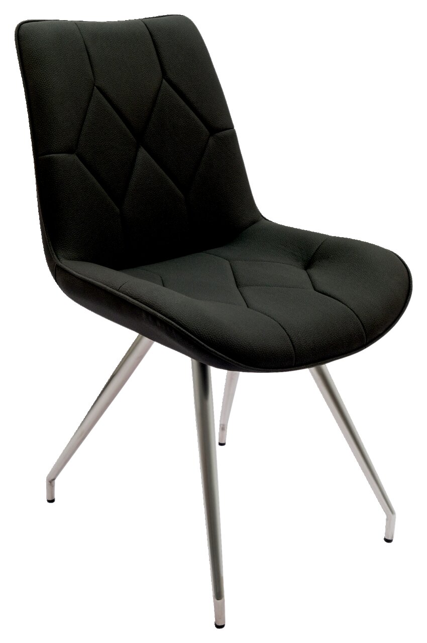 Moderner schwarzer Stuhl mit gepolsterter Sitzfläche und Rückenlehne, sowie Metallbeinen, seitliche Perspektive