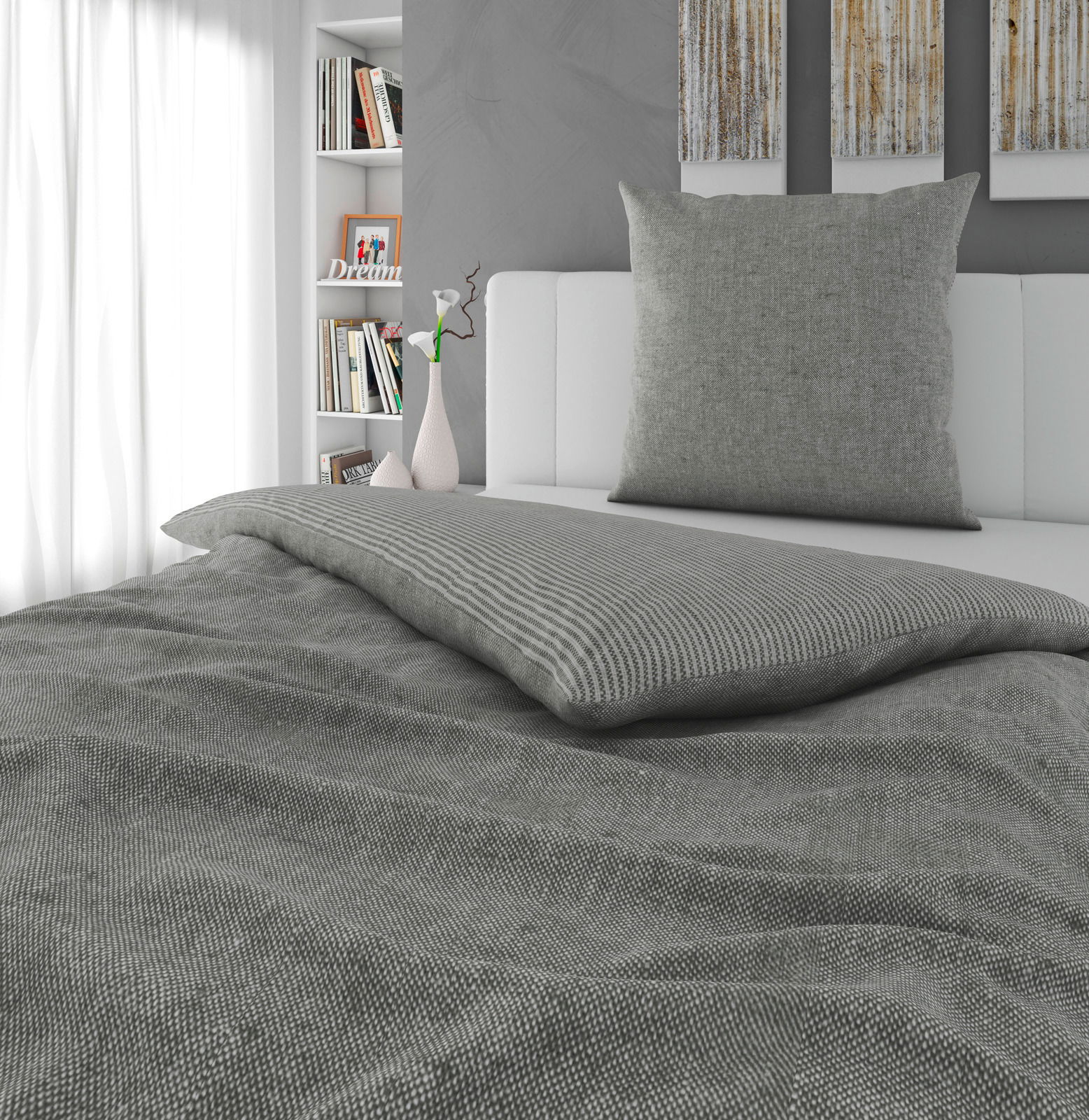 Graue Wendebettwäsche in einem modernen Schlafzimmer, seitliche Perspektive
