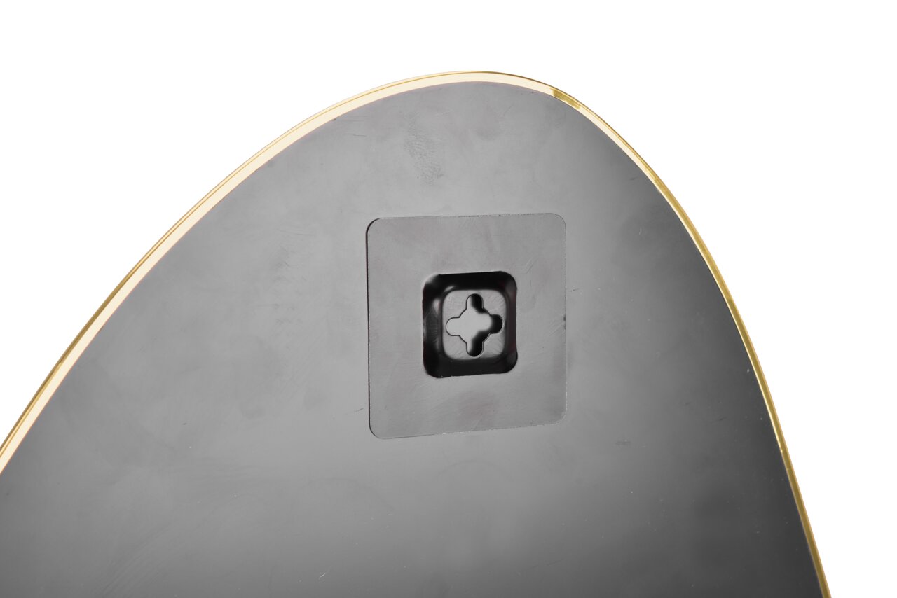 Rückansicht eines Spiegels mit goldfarbenem Rand und Wandhalterung