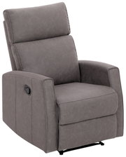 Grijze fauteuil in zijaanzicht met verstelbare rugleuning en armleuningen.