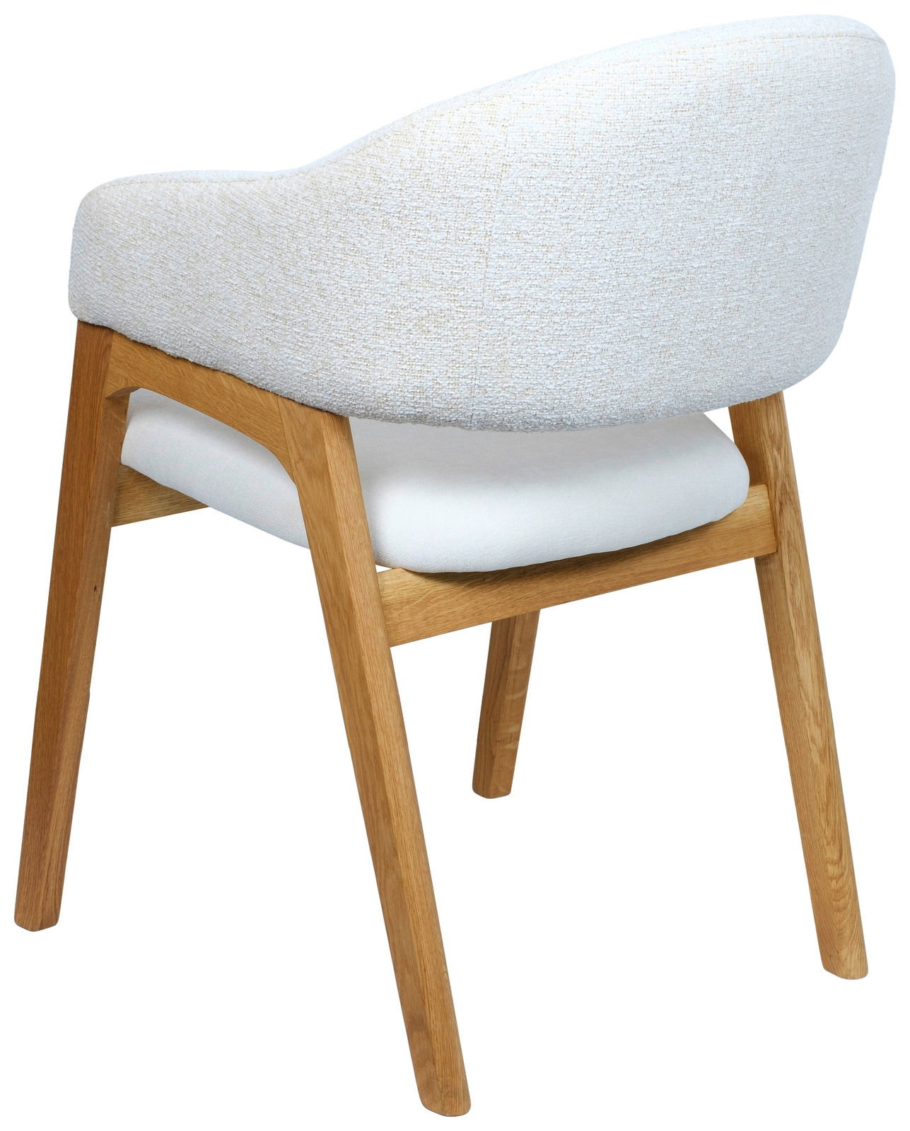 Rückansicht eines modernen Armlehnstuhls mit hellem Stoffbezug und Holzgestell.