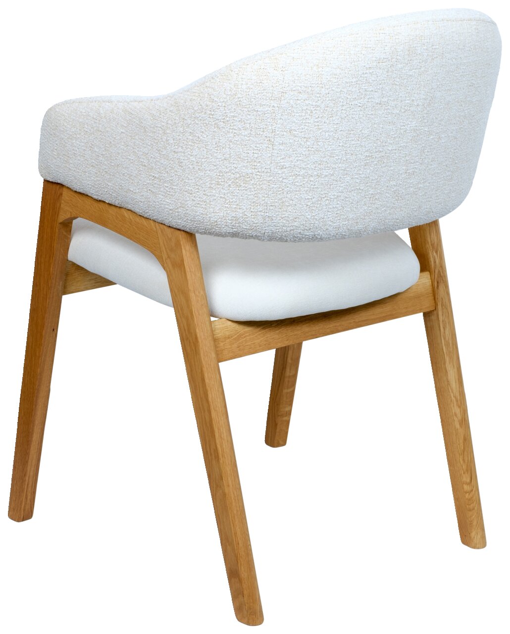 Achterkant van een moderne fauteuil met een lichte stoffen bekleding en een houten frame.