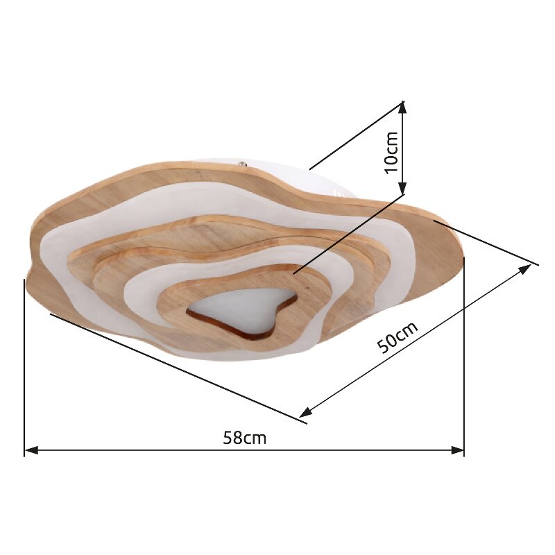 Moderne Deckenleuchte mit organischen Holz- und Weißtönen, seitliche Perspektive, Maße 58cm x 50cm x 10cm