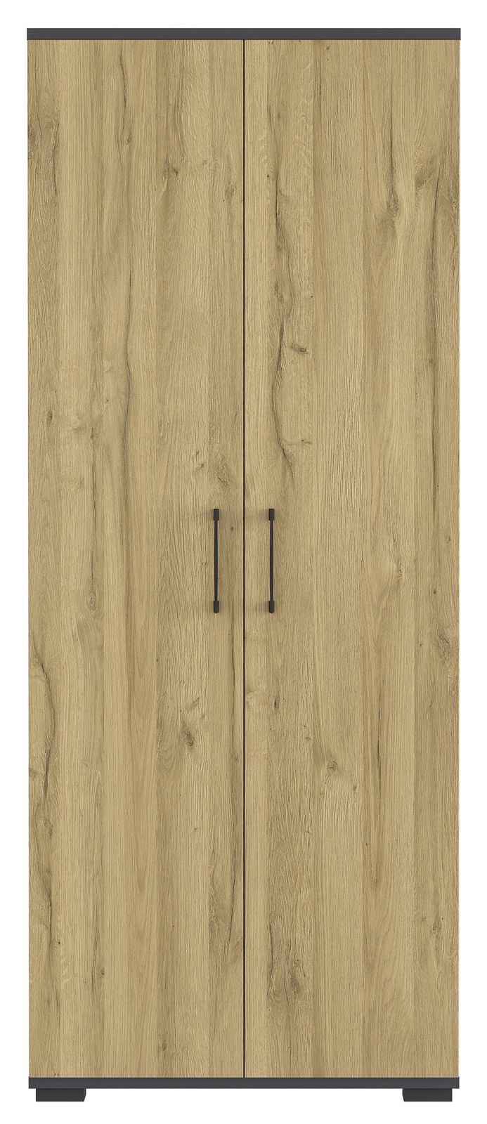 Frontansicht eines Aktenschranks mit Holzoptik und zwei Türen.