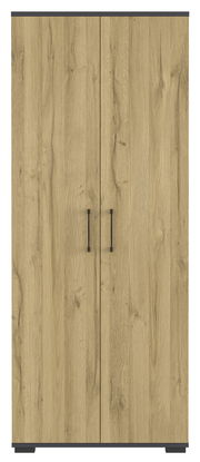 Frontansicht eines Aktenschranks mit Holzoptik und zwei Türen.