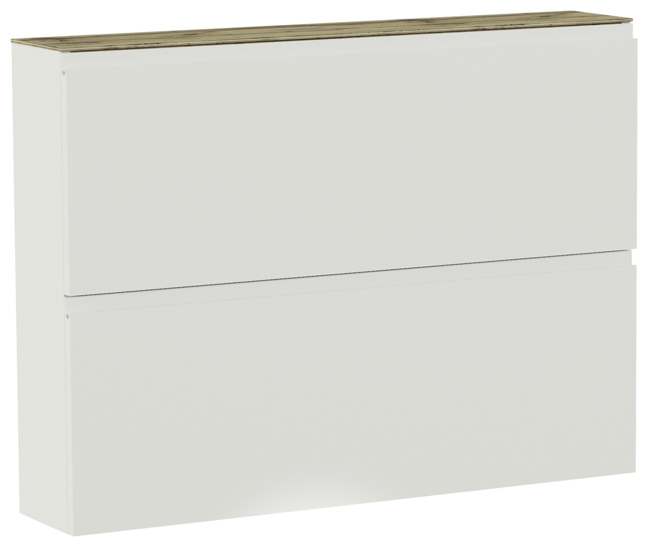 Moderano Hängeschuhschrank LECCO Moderner Hängeschuhschrank mit zwei Klappen in Weiß mit Holzoberfläche, seitliche Perspektive