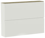 Moderner Hängeschuhschrank mit zwei Klappen in Weiß mit Holzoberfläche, seitliche Perspektive