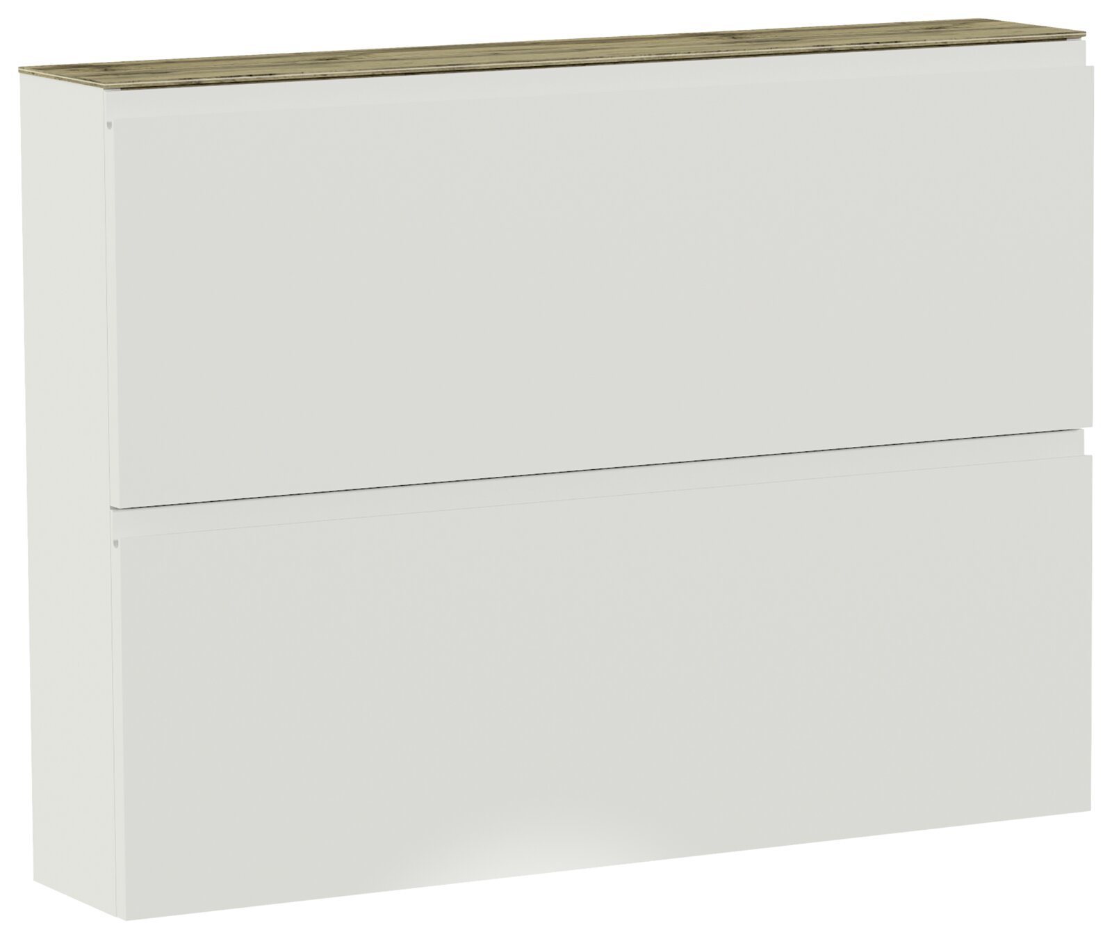 Moderner Hängeschuhschrank mit zwei Klappen in Weiß mit Holzoberfläche, seitliche Perspektive